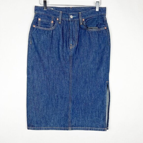 NWT Levi's Premium Jean Skirt Women's 28 Dark Wash Rigid Denim Side Slit Midi - Picture 2 of 15